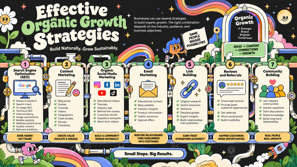 Effective organic growth strategies including SEO, content, social media, and email marketing