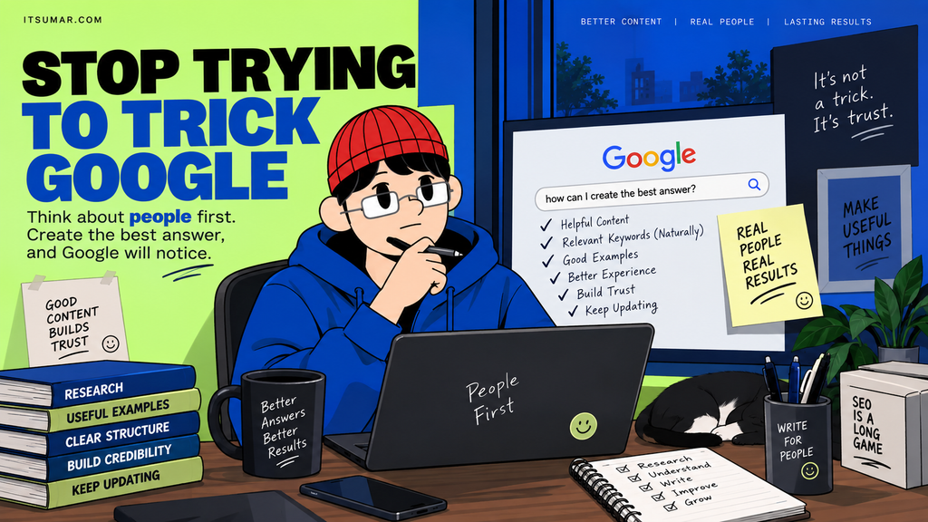 Infographic showing how creating helpful, people-first content with relevant keywords, clear structure, research, and regular updates can improve SEO results.