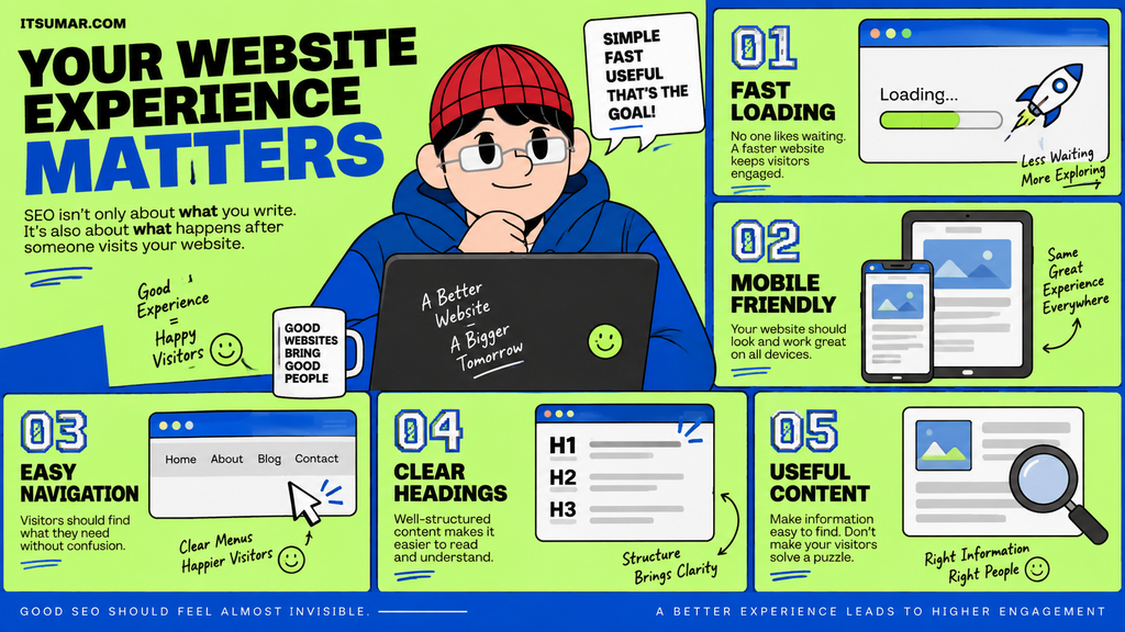 Infographic explaining why website user experience matters for SEO, highlighting fast loading, mobile friendliness, easy navigation, clear headings, and useful content.