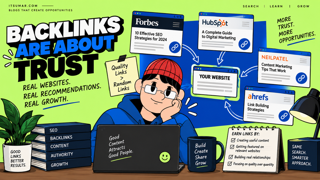 Infographic explaining how quality backlinks build website trust, authority, and growth through relevant recommendations from other websites.