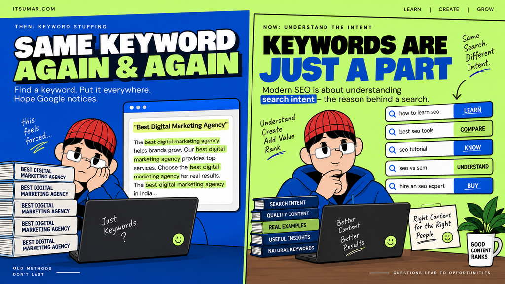 Illustration comparing old keyword stuffing with modern SEO search intent and natural keyword usage.