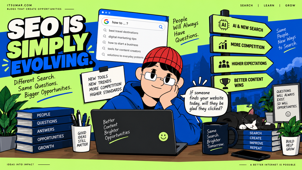 Infographic explaining how SEO is evolving with AI search, changing search behavior, increased competition, higher expectations, and the need for better content.